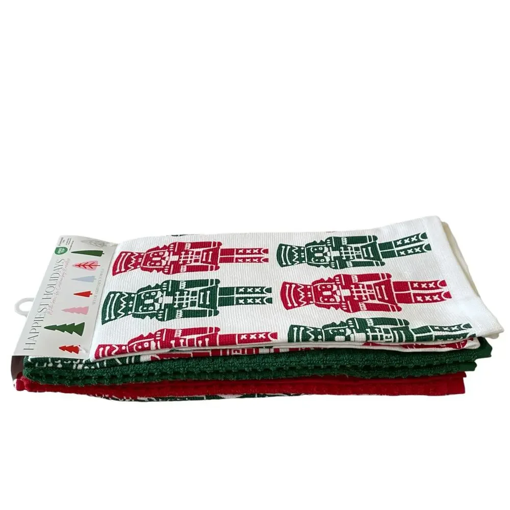 La Cuisine Christmas NUTCRACKER Kitchen Towels Set of 4 HOLIDAY Green Red White